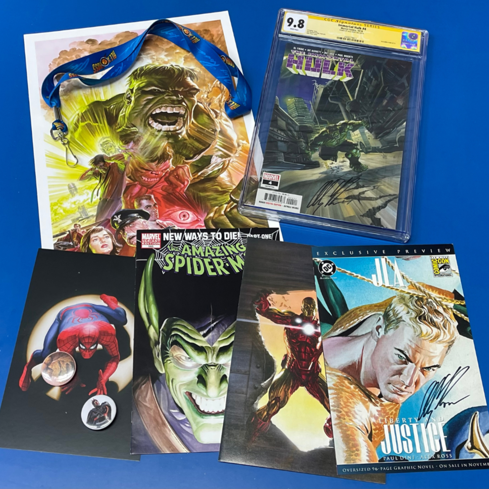 Collector's Club box contents featuring Hulk and Spider-Man comics and art