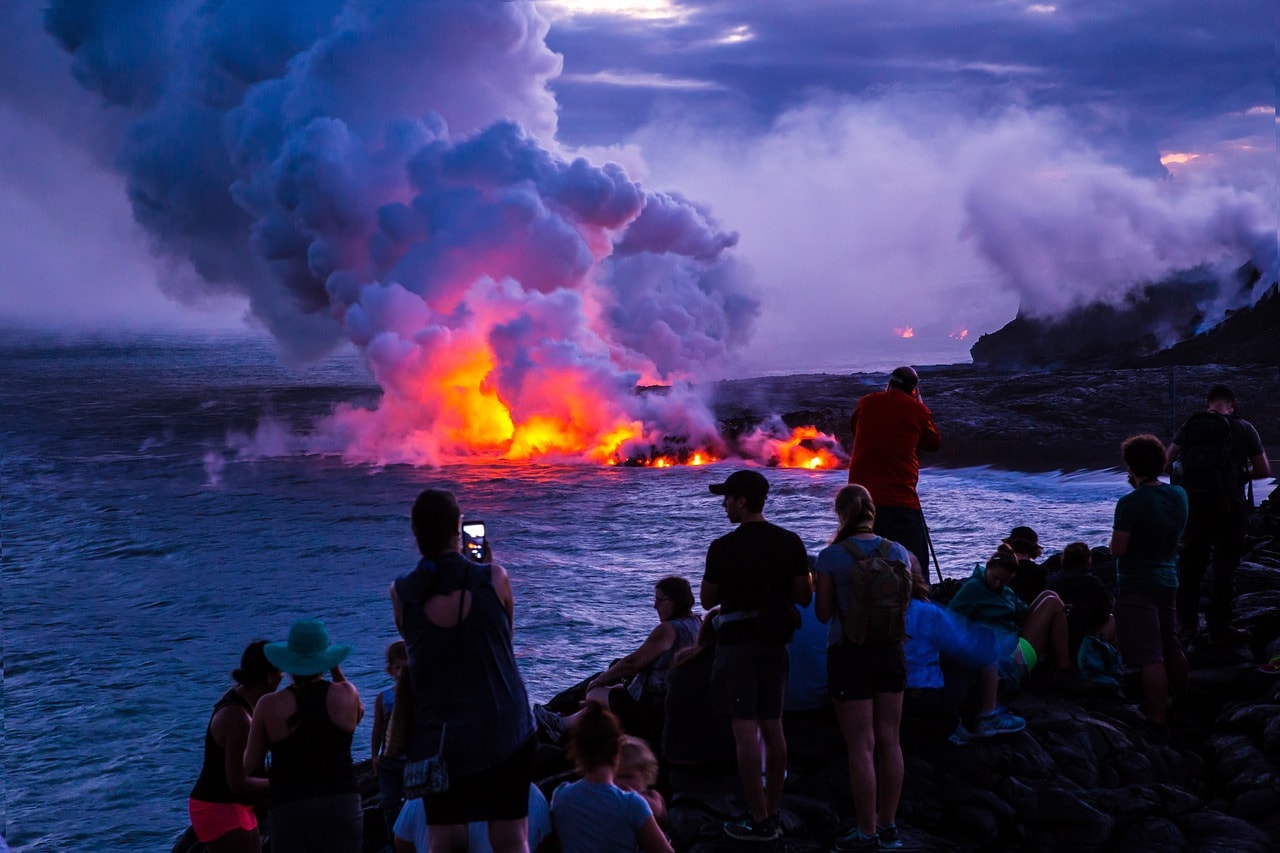 Volcano crowd at dusk