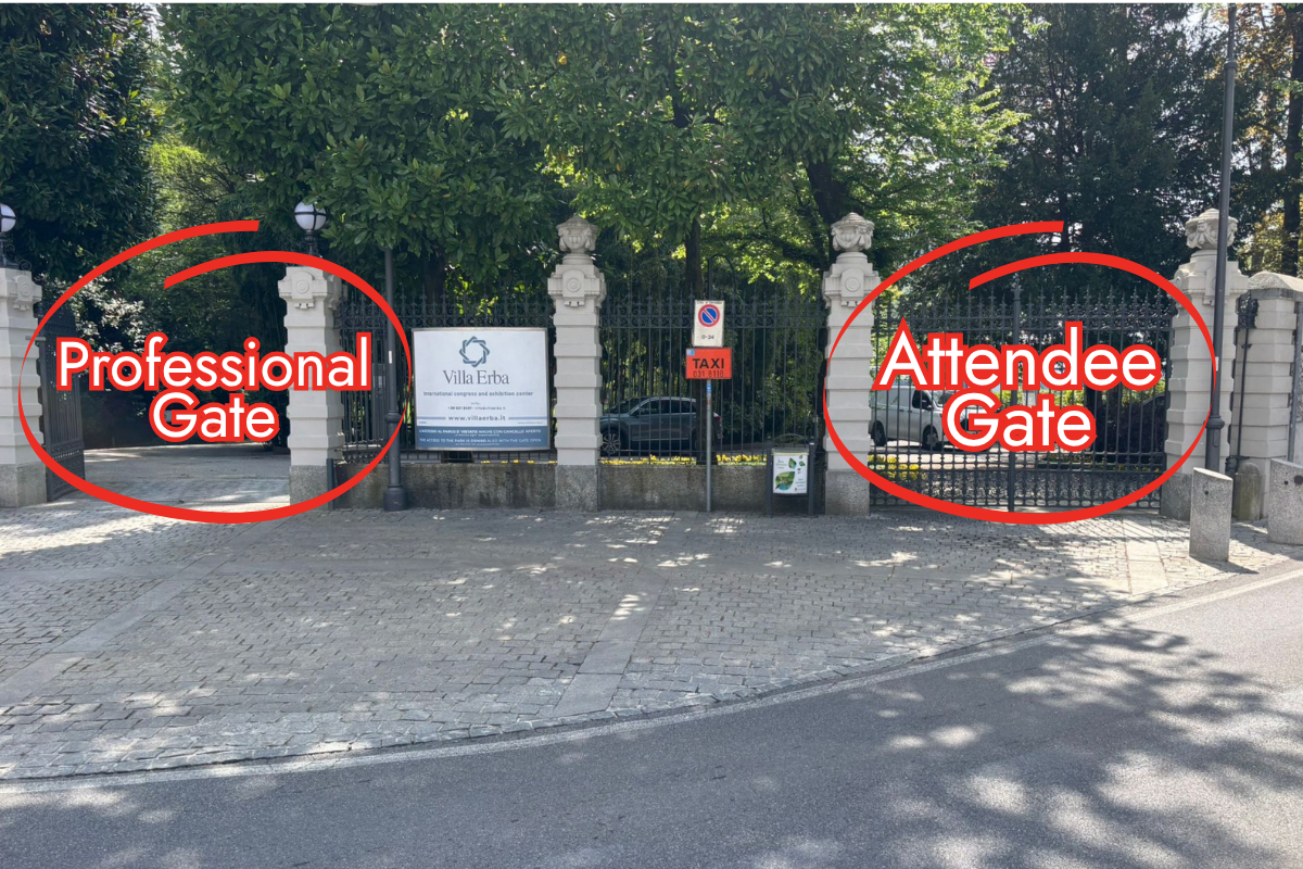 Villa Erba entrance showing Professional Gate on the left and Attendee Gate on the right