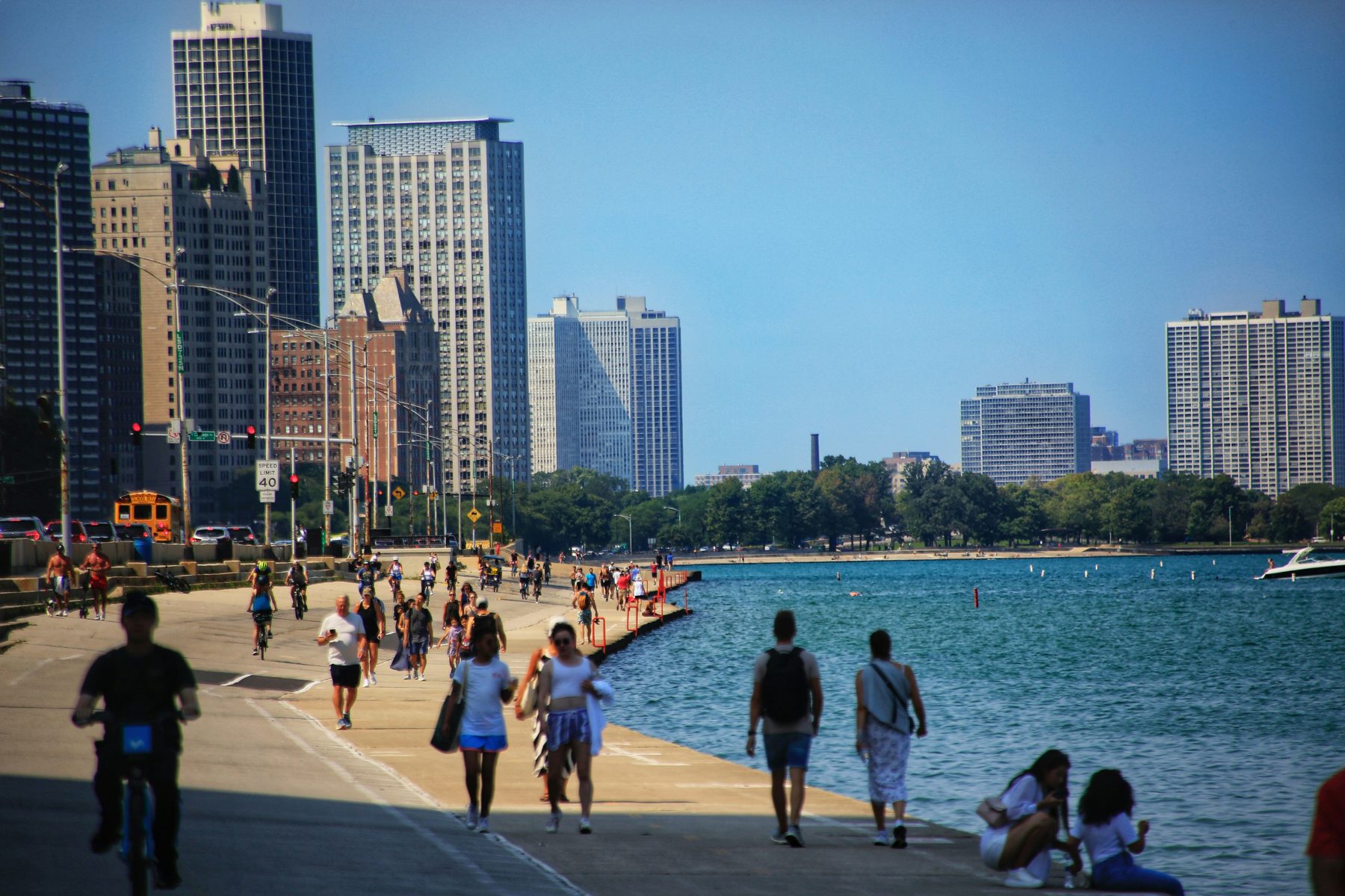 People enjoying a summer afternoon along the Chicago lakefront