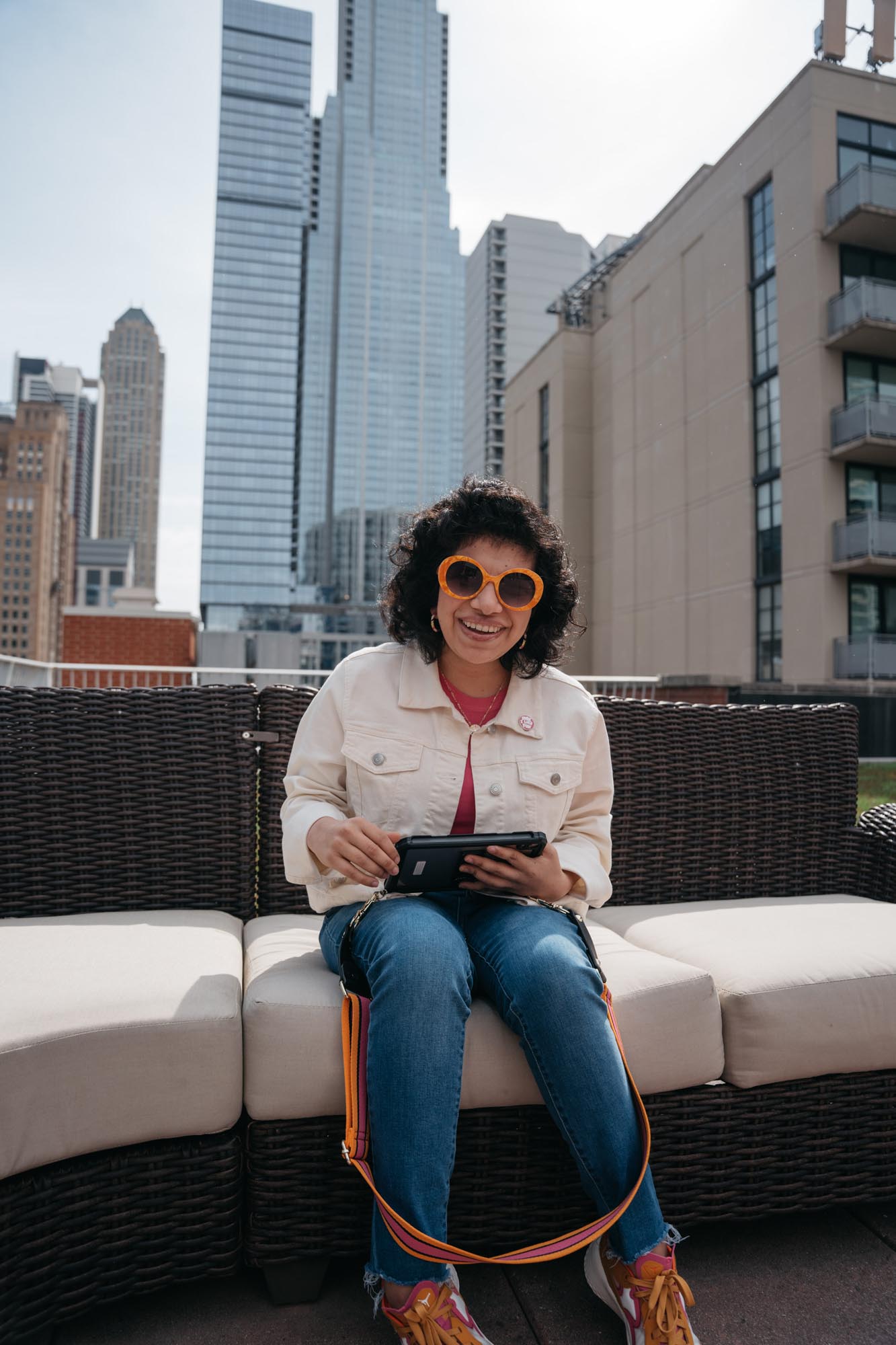 Rooftop portrait with city skyline