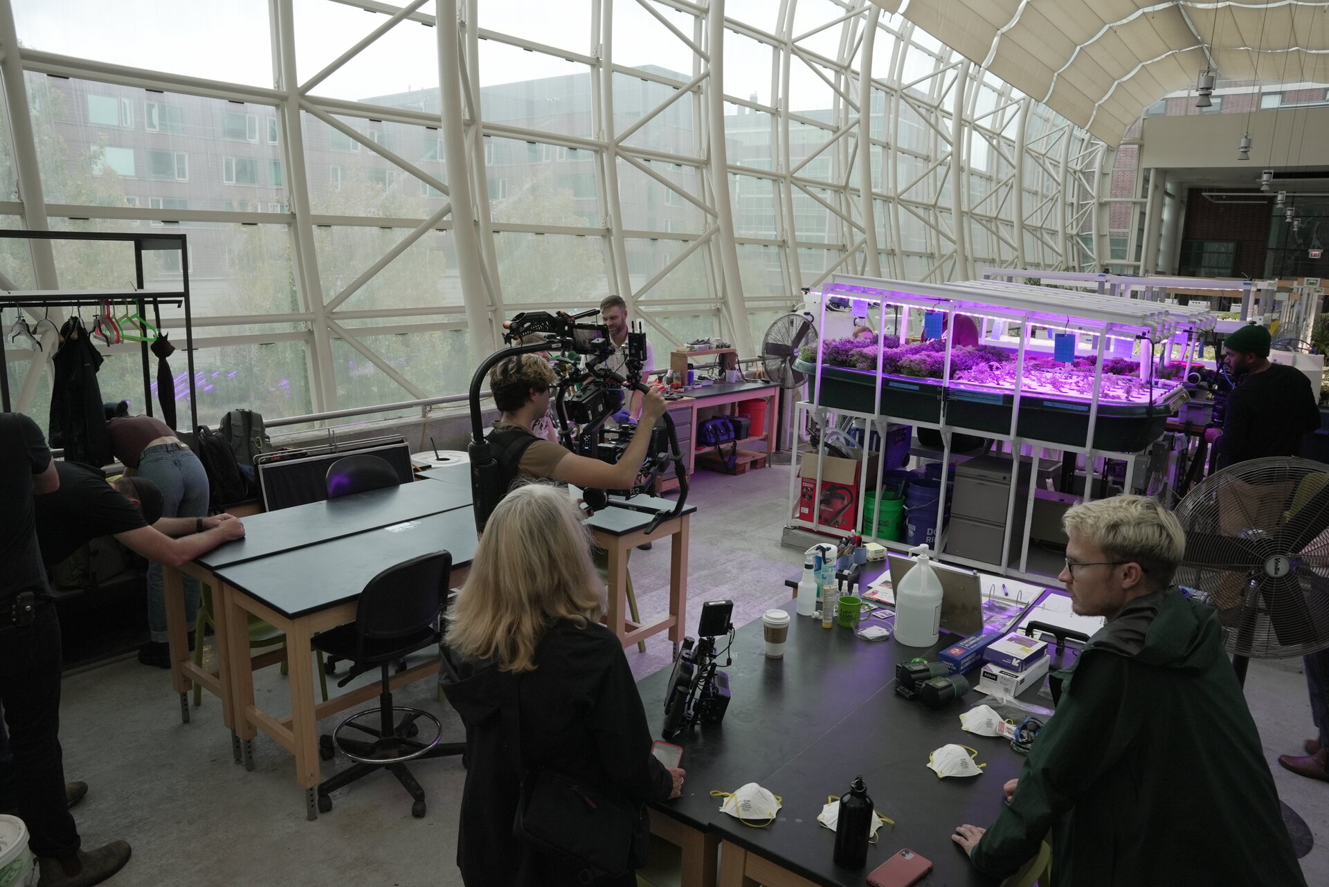Full crew shooting in Loyola greenhouse lab