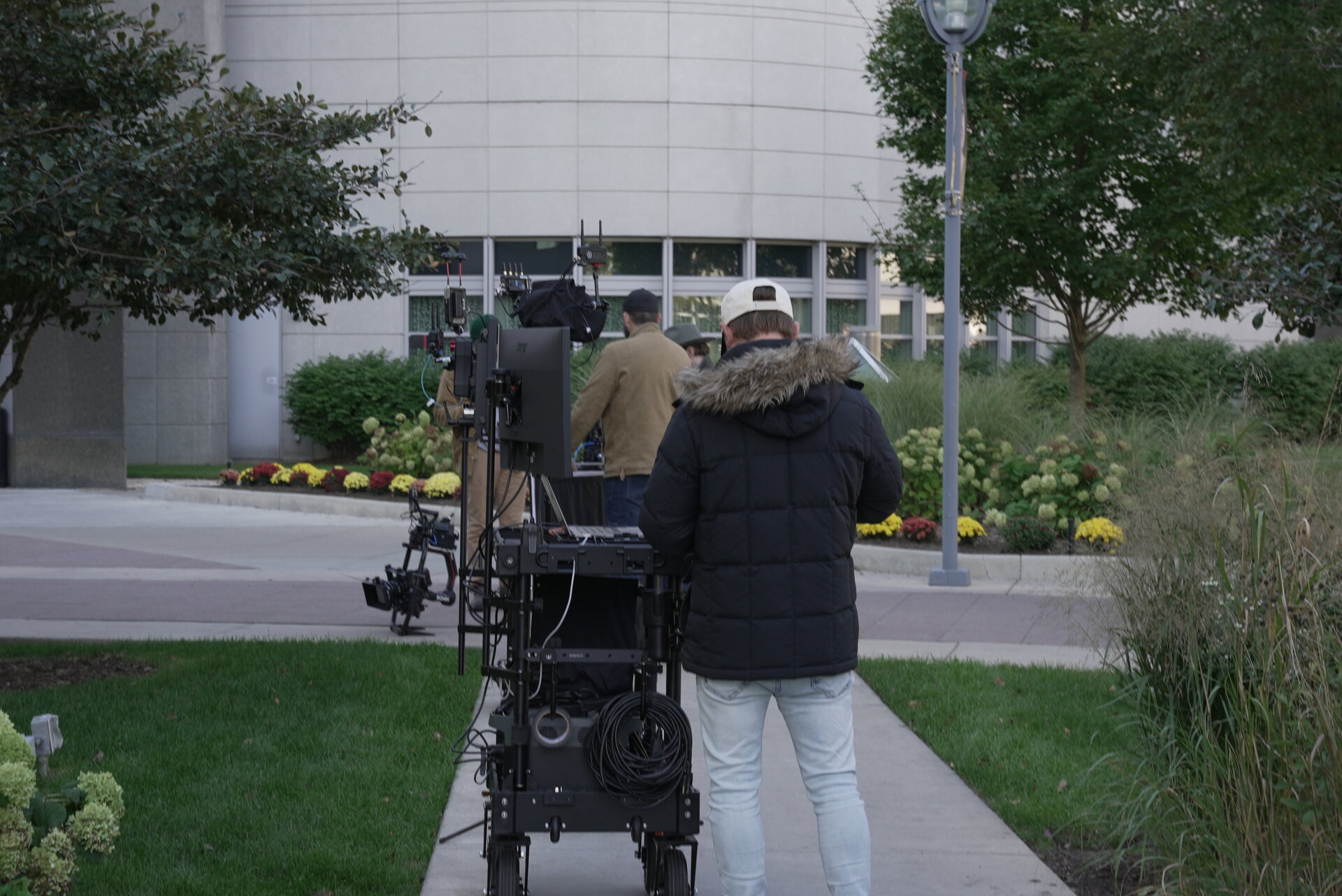 Camera cart setup outside Loyola campus building